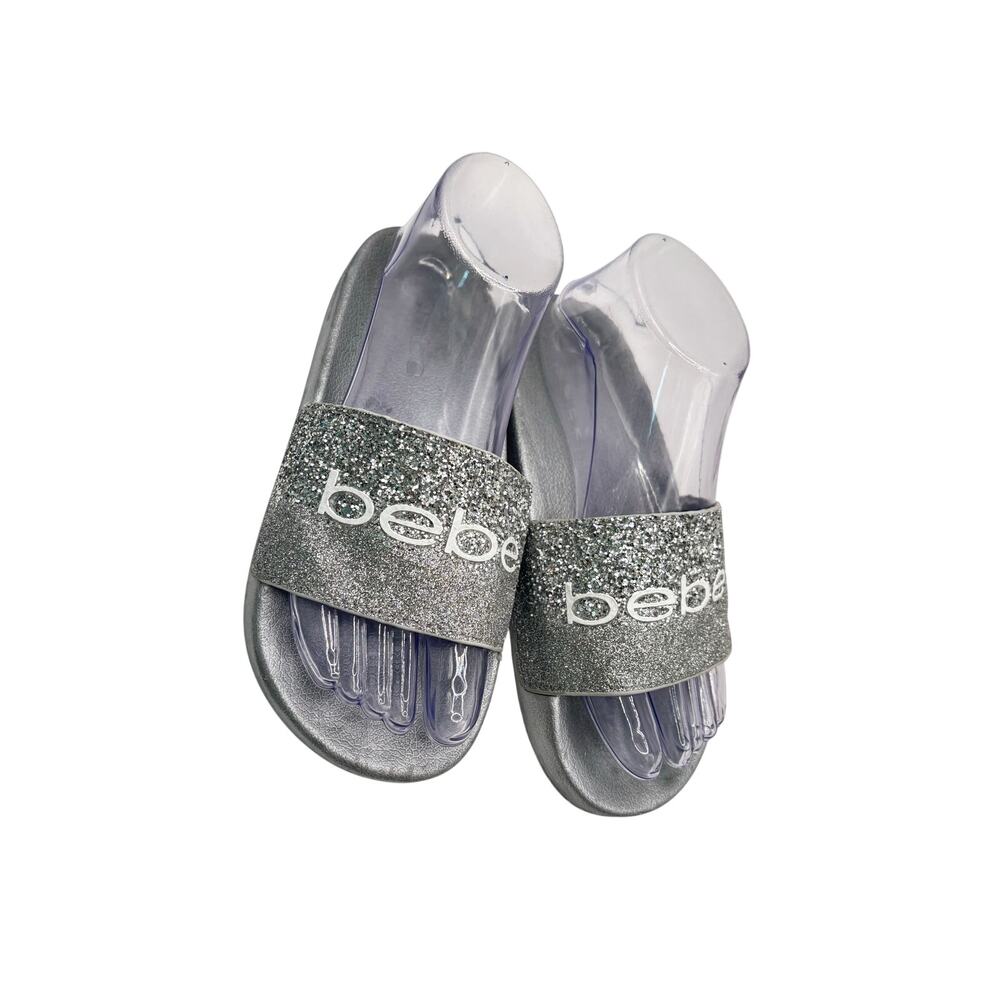 Bebe Fraida waterproof glitter metallic silver slippers slides sandals womens 7